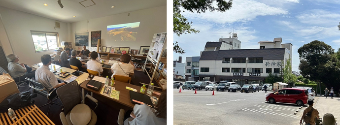 左：正面の壁に表彰状や写真が飾られた室内でプロジェクターの映像を見ながら議論する会議の様子の写真、右：広い駐車場に面した「新仲家」という看板を掲げる3階建ての建物の外観の写真
