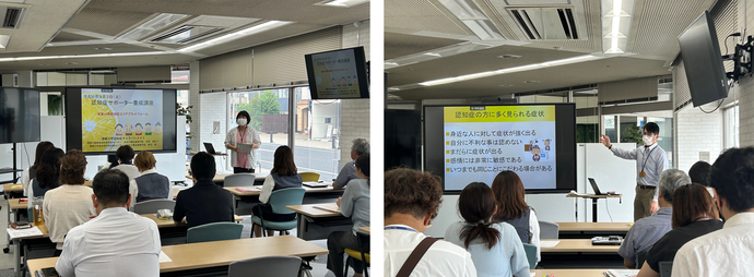 左：「認知症サポーター養成講座」というスライドが映るモニターの前で講師が説明している写真、右：認知症の症状に関する具体的な項目を指し示しながら講義を進める男性の写真