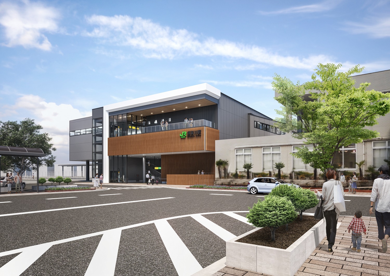 道路に面して建つ木製ルーバーのアクセントが施されたモダンな外観のJR須賀川駅舎の東側外観イメージ図