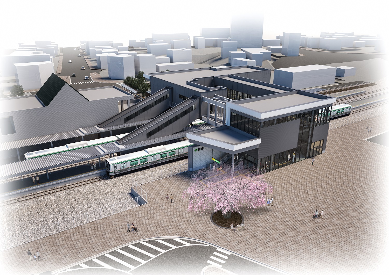 満開の桜が咲くタイル敷きの駅前広場に面し、線路を跨ぐ近代的な橋上駅舎を俯瞰で描いた、駅舎西側整備イメージ図