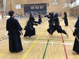 体育館で剣道着と防具を身に纏った複数の剣士たちが稽古に励んでおり、それを指導者が見守っている様子を後ろから捉えた写真