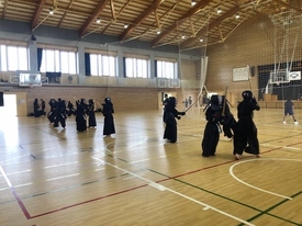 広々とした体育館で、紺色の剣道着と防具を身に纏った大勢の生徒たちが、竹刀を交えたり指導者の助言に耳を傾けたりしながら、熱気溢れる空間の中で一斉に稽古に励んでいる写真