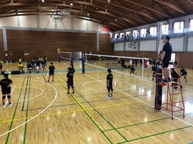 黒いウェアを着用した大勢の女子生徒たちが、審判台の上から練習を指揮する男性指導者の笛の音や指示に注目しながら、複数のネットに分かれて試合形式の練習に励んでいる風景を捉えた写真