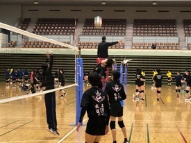 バレーボールコートにて、ネットの上に上がったボールに向かって手をあげている生徒と、周りで構えている生徒たちの写真