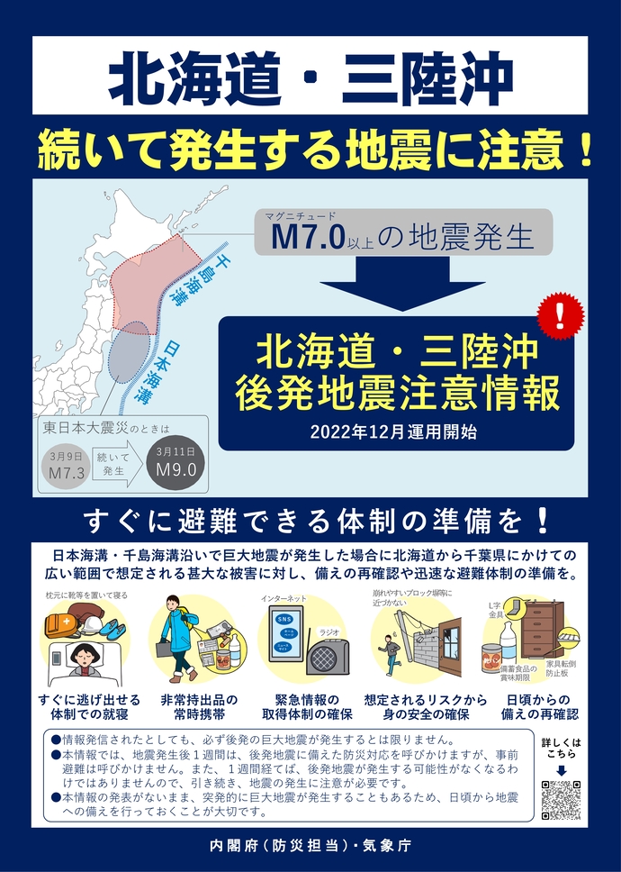 北海道・三陸沖後発地震注意報のリーフレット