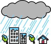 大きな灰色の雨雲から強い雨が降り注ぎ、街のビルや家や木々が激しく濡れている様子のイラスト
