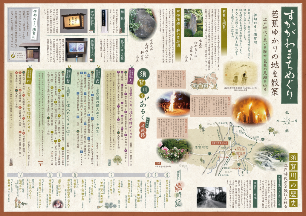 須賀川の芭蕉ゆかりの史跡案内、歴史、行事写真や地図が記載された「すかがわまちめぐり」リーフレット