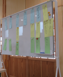 ホワイトボードに手書きで文字が書かれた、黄色や水色、黄緑色の短冊が並んで掲示されている写真