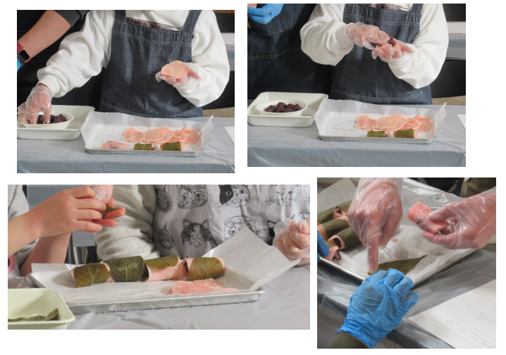 左上：ビニール手袋をはめた子そもが、焼き上がった薄ピンク色の生地に丸めたあんこを乗せようとしている写真、右上：ビニール手袋をはめた子どもが、ピンク色の生地にあんこを乗せ、包もうとしている写真、左下：あんこを包み込んだ桜餅に緑色の桜の葉を巻いている写真、右下：あんこをまいた桜餅を手に持ち、バットに敷かれた桜の葉を指で押さえている写真