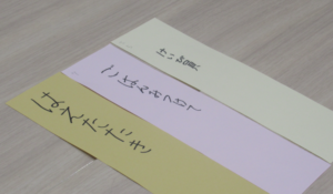 「けいび員」「ごはんみつけて」「はえたたき」と書かれたた三枚の短冊が並んでいる写真