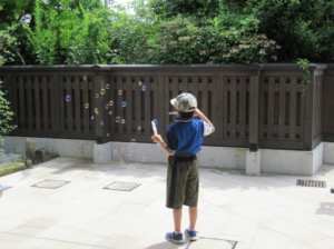 屋外の明るい庭で帽子をかぶった男の子がしゃぼん玉を飛ばしている後ろ姿の写真