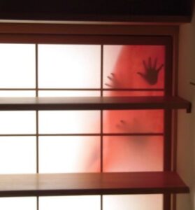 赤い光に照らされた障子に複数の手形の影が不規則に浮かび上がり、おどろおどろしい雰囲気を醸し出している写真