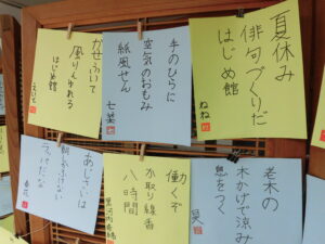 木製のクリップで木枠に留められて展示された、水色や緑の四角い紙に書かれた俳句作品が6枚並んでいる写真