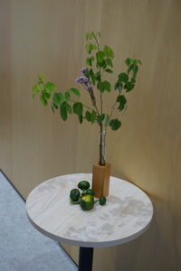 白木の丸い台の上に、伸びやかな緑の枝と紫の花が生けられた木製の角形花器が、数個の青緑の実を下に添えて置かれている写真