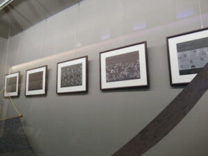 壁面に沿って、白い背景に種類の異なる布地が入った黒い額縁が、等間隔に五点並んで展示されている写真