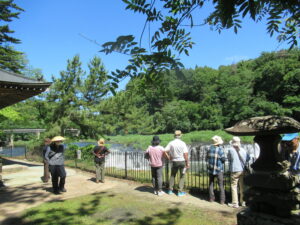 青空の下、緑豊かな水辺で滝を眺める人々が柵沿いに集まっている写真