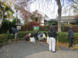 数人の人々が地面に散った大量の落ち葉を竹箒で掃き集めたり袋に入れたりしている作業風景の写真