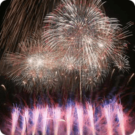 夜空に大きく広がる白銀の花火と、下部で一斉に放たれるピンク色の細かな光の対比が美しい打ち上げ花火。