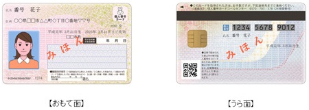 左：顔写真付きの個人番号カード（表）、右：個人番号と名前、ICチップのある個人番号カード（裏）の見本